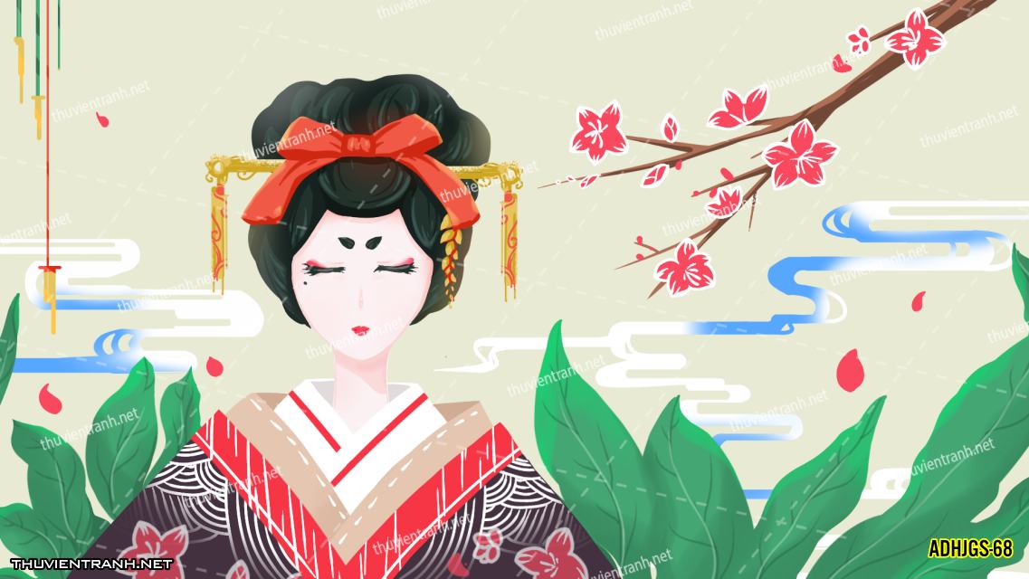 Tranh dán tường Cô gái  Nhật Bản mặc kimono, tranh minh họa cô gái Nhật Bản xưa -ADHJGS-68 - Tranh tường chất lượng cao
